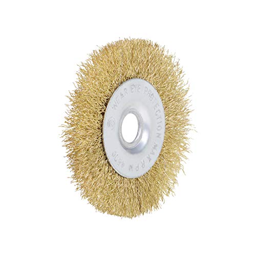 Image of uxcell 4-Inch Wire Wheel Brush Bench Brass Plated Crimped Steel with 5 /8-Inch Arbor Hole 2 Pcs