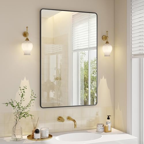 SONGMICS Miroir Salle de Bain, Miroir Mural Rectangulaire, Cadre en Aluminium, 110 x 70 cm, avec Film de Sécurité, 2 Options de Suspension, pour Salon,...