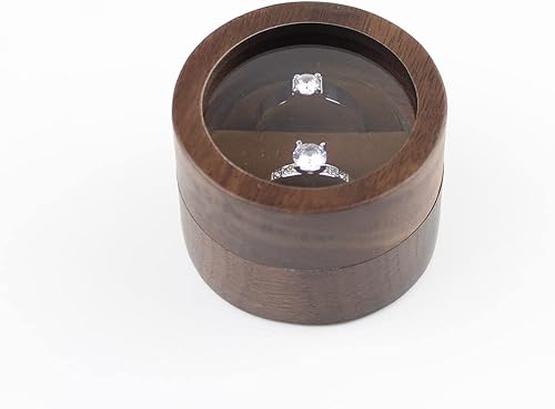 Miniatura 5 de Caja redonda de madera para anillos de joyería, caja de anillos de pareja con tapa transparente para compromiso, caja de boda, dos ranuras,