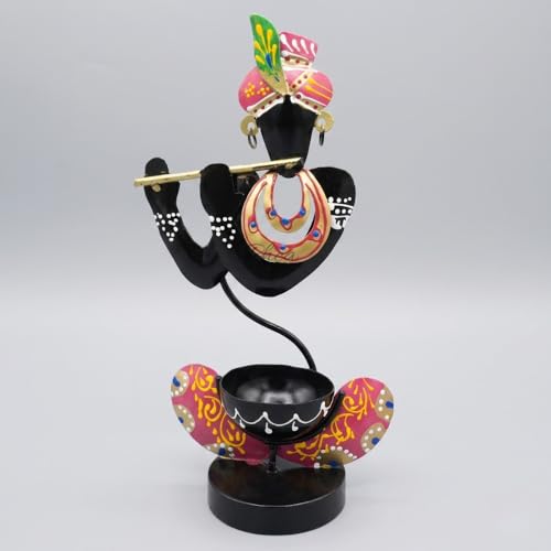 Image of Krishna Tea Light Candle Holder Stand, Blue Metal Diya Table Showpiece for Corporate Bulk Gifting, Festive Home Mandir Decor and Wedding Gift Item (29x17x9 CM)