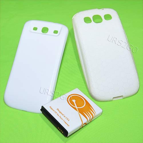 URS2GO Long Life 7300mAh Extended Double Layer Battery White Hard Door Cover Shock Absorbing Case Compatible with Samsung Galaxy S3 i9300 T999 Phone