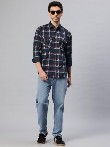 Image of Majestic Man Men's Pure Cotton Cargo Checks Shirt with Dual Flap Pockets - Slim Fit | Full Sleeve | Casual Wear | Trendy & Comfortable