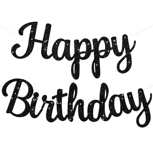 BEISHIDA Glitter Black Happy Birthday Banner - NO DIY 10 Feet Pre-Strung Birthday Party Door Wall Sign Garland Flag Backdrop Decorations for Women men Boys Girls Party Supplies