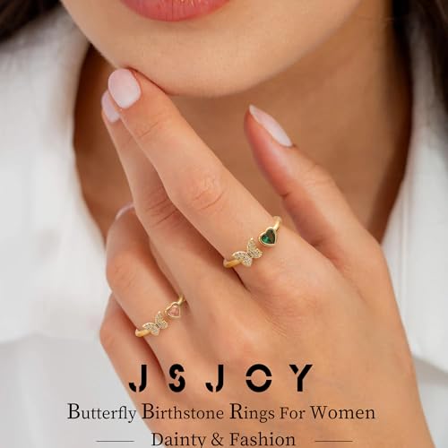 JSJOY Birthstone Rings for Women Non Tarnish Butterfly Heart Rings Dainty 14K Gold Stakble Ring Birthday Gifts for Her Adjustable Waterproof Jewelry for Women Mothers Day Gifts for Mom Her Wife2