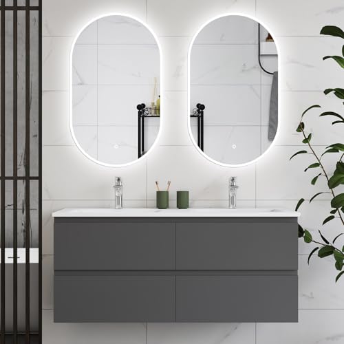 HAPAOSO Ensemble Meubles Salle de Bain 120 cm Anthracite -Double Vasque Céramique, 4 Tiroirs de...
