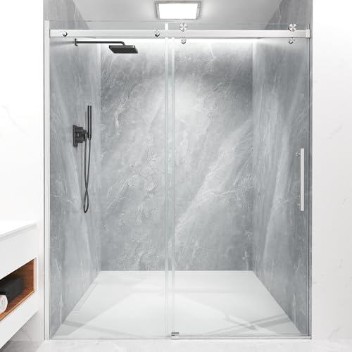 Frameless Sliding Shower Door 56-60" W x 72" H, 5/16" (8mm) Heavy Duty Tempered Glass, Brushed Nickel Finish, Single Sliding Walk-in Shower Glass Door, Reversible Installation, Smooth & Quiet Gliding