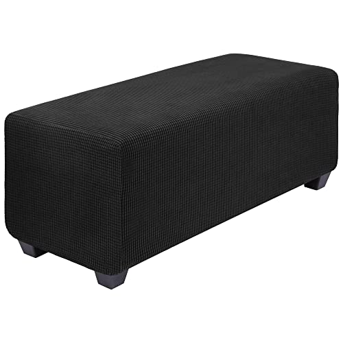 PiccoCasa High Stretch Ottoman Cover with Elastic Bottom, Soft Slipcover Jacquard Fabric Small Checks Rectangle Storage Stool Cover Furniture Covers Black Large