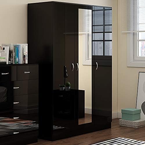 FWStyle 3 Door Mirrored Modern Wardrobe Black High Gloss Bedroom Furniture. Matt Black Frame