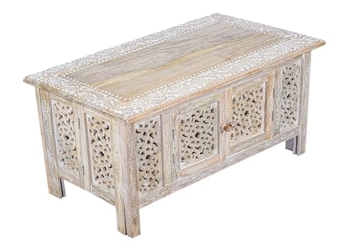 Woodify Hand-Carved Wooden Coffee Table – 36” x 18” Rectangular Mango Wood Center Table with Storage, Distress White Finish, Living Room & Accent Table