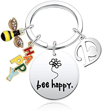 Bee Happy Keyrings for Women Men Personalized 26 Letters A-Z Initials Alphabet Key Rings Birthday Gifts Christmas Gifts