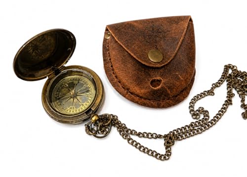 Brújula de latón grabada con cadena y estuche de cuero miniatura 1