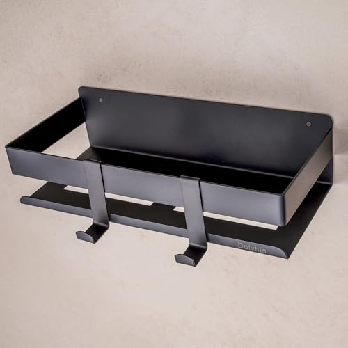 Dolvhin Duschablage ohne Bohren Schwarz | Duschregal Edelstahl mit Auslaufrillen | Duschkorb Aufbewahrung inkl. 2 Haken | Badregal Shampoo Halterung Selbstklebend Badezimmer Set (Matt Schwarz)