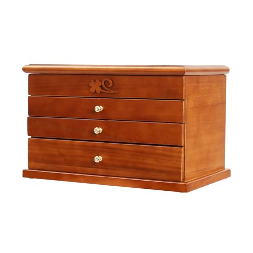 WANLECY Large Wooden Jewelry Box with Mirror, 4 Layers Jewelry Organizer with 3 Drawers, Watches Necklace Ring Storage Box for Women