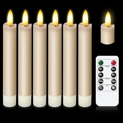 Image of KSWING Upgraded Real Wax Short LED Flameless Taupe Taper Candles with Remote, 6 PCS Candlesticks Battery Operated 3D Flickering- 6 inch Realistic Fake Candle Sticks for Home /Wedding /Fireplace Xmas Decor