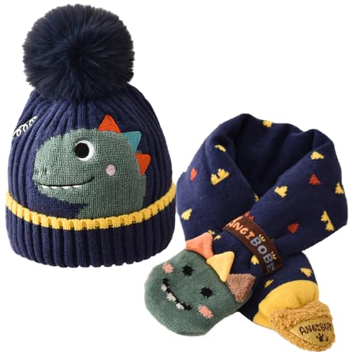 2 in 1 Girls Boys Winter Warm Knitted Thermal Fleece Lining Cartoon Dinosaur Hat Scarf Neck Warmer Scarf Set