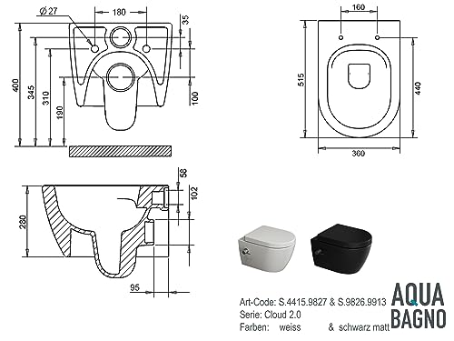 Aqua Bagno | Taharet Toilette mit Bidet-Funktion, Absenkautomatik, spülrandlos, hochwertige weiße Keramik | 51,5 cm kurz – Bild 8