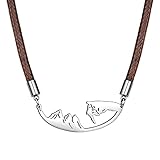 Mountain Necklace for Men,Silver Rock Climber Mountain Range Charm Pendant Necklace,Inspirational Adventure Jewelry Gift with Brown Adjustable Waterproof Braided Leather Cord Chain