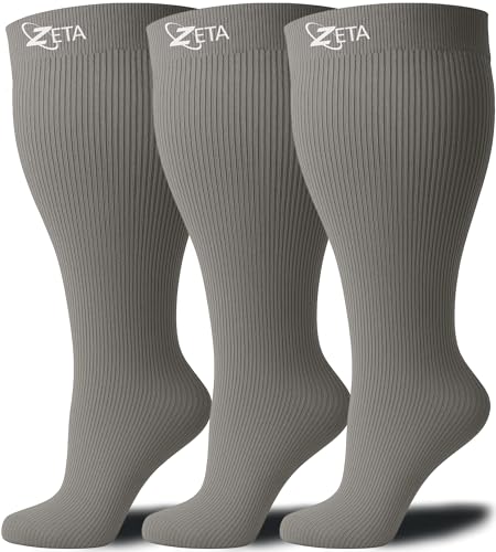 Zeta Wear Plus Size Compression Socks for Women and Men 3XL (3-Pack), Wide Calf Knee-High 15-19 mmHg Graduated Support, Easy-On Cuff, Fits Calves to 26 inch / 66 cm