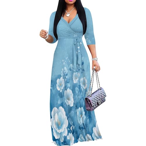 Image of SUZONANA Plus Size Dresses for Women Floral Print Maxi Dress Flowy 3 /4 Sleeve with Belt