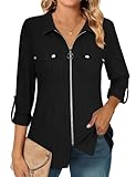 Flikity Tops for Women UK Business Casual Ladies Tops and Blouses for Work Zipper Collar Long Sleeve Shirts Loose Fit Dressy Womens 3/4 Length Roll Sleeve Shirt Fall Fashion 2025 Black XL