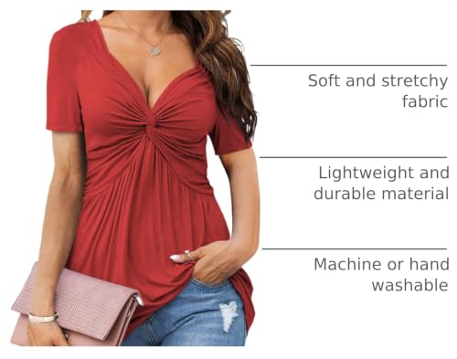 Image of Tankaneo Womens Front Knotted V-Neck Blouse T Shirt Short Sleeve Oversized Tunic Tops Summer Solid Pullover Tees