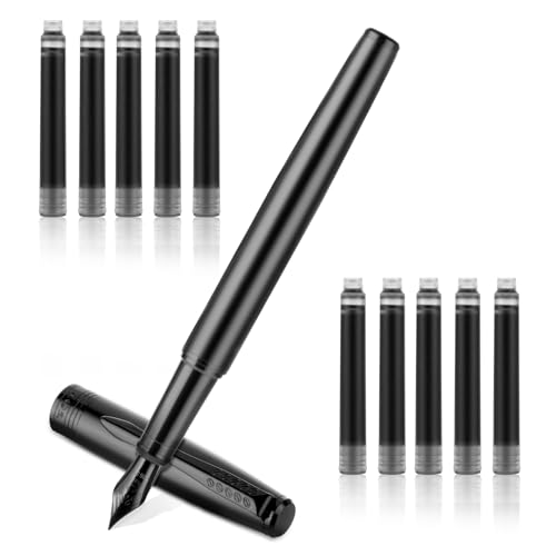 Cobee Black Metal Fountain Pen with Fine Nib & 10 Ink Cartridges