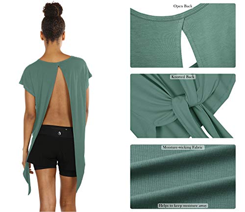Icyzone Open Back Workout Tops For Women - Athletic Activewear T-Shirts Exercise Yoga Shirts(Pack Of 2) (S, Wine/Agate Green) #TOP5