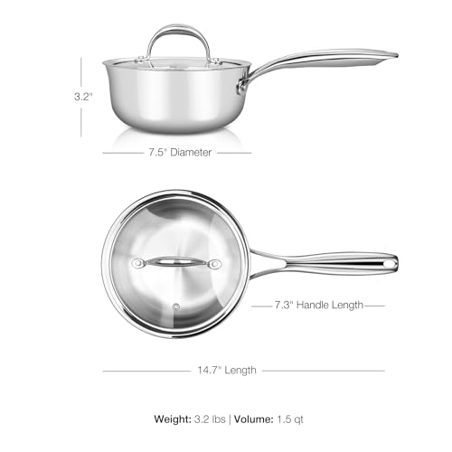 Image of KEAWELL K3 Premium 1.5-Quart Tri-Ply Fully Clad Stainless Steel Saucepan with Lid, Induction & Oven Safe up to 600F, Even Heating, Professional Cookware for All Stovetops (1.5-Qt)