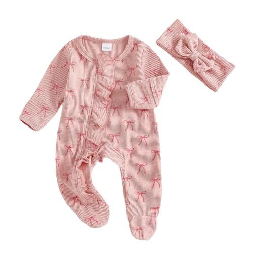 Image of Ayalinggo Newborn Baby Romper Infant Girl One-piece Outfit Waffle Ruffle Zip Footie Spring Summer Clothes With Bow Headband