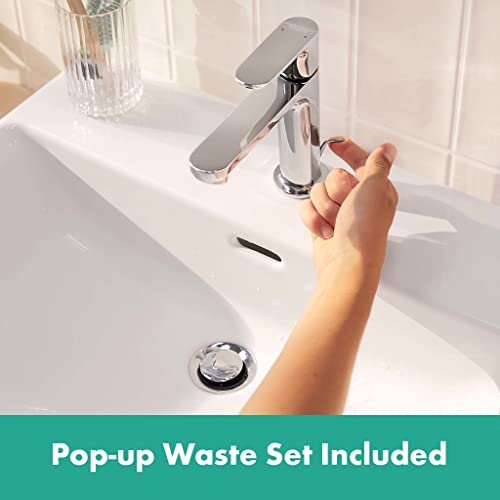 hansgrohe Rebris S - Waschtischarmatur mit Zugstangen-Ablauf, Wasserhahn Bad mit Auslauf Höhe 109 mm, Mischbatterie Waschbecken wassersparend (EcoSmart), Chrom, 72517000