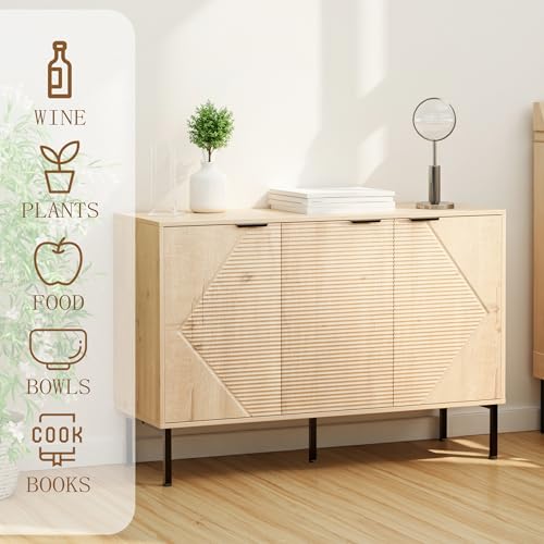 خزانة بوفيه جانبية عصرية مع ابواب وارفف - خزانة تخزين خشبية مخددة لغرفة المعيشة او المدخل او المطبخ (بلوط ابيض)