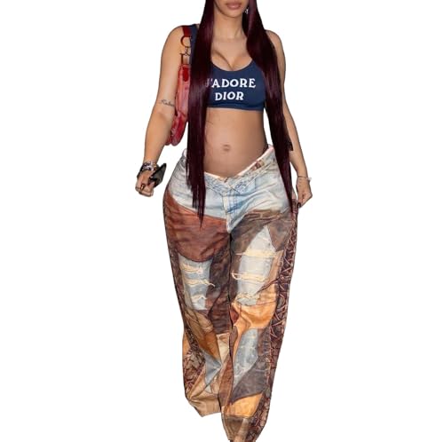 Women' Cargo Pants High Waist Jeans Y2K Color Block Pants Casual Trendy Streetwear Clothes