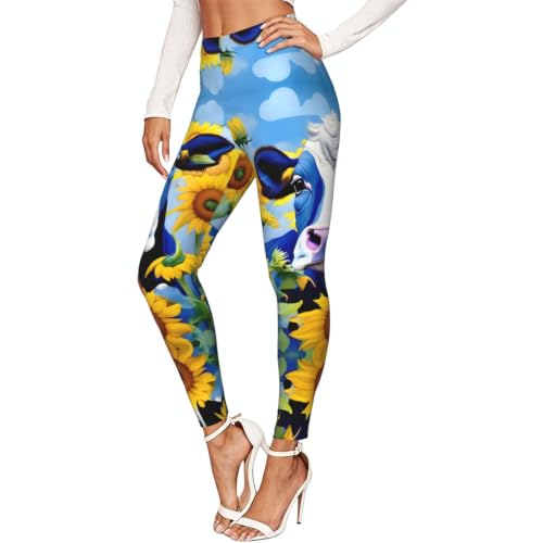 Leggings de compresión de vaca y girasoles azules para mujer en fitness