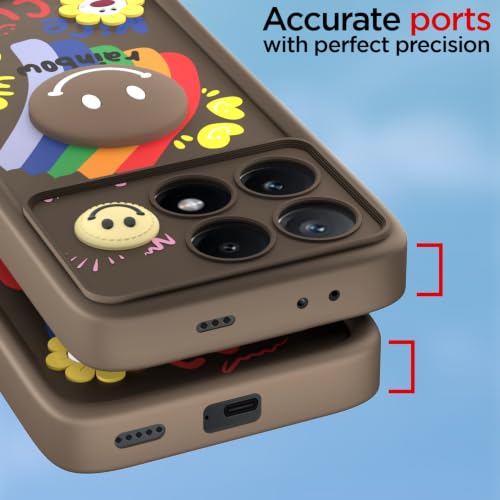 Image of Pikkme Back Cover for Poco X6 Pro 5G | Soft Silicone| Cute Rainbow Smile & 3D Cartoon Flower Design | Shockproof Raised Camera Protection Bumper Case (Brown)