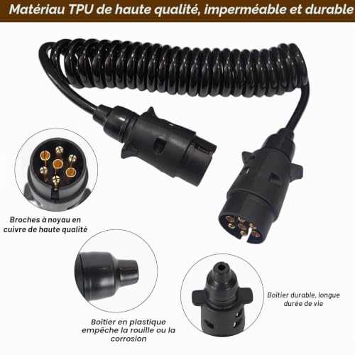 Techfection Cable Faisceau Rallonge Remorque 7 Broches Male a Male Câble de Remorque Spirale 7 Broches Câble de Rallonge 3 Mètres Cable Remorque 7 Broches pour Remorque Camion Caravane – vue 4