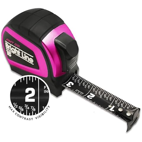 Perfect Measuring Tape - Pink BrightLine High Contrast EasyRead Tape Measure for Low Light (Dark Mode) - Rubber Case 18ft (Inch Fractions) Dual Sided Auto Lock Tape Measure Retractable (Pink) Cover