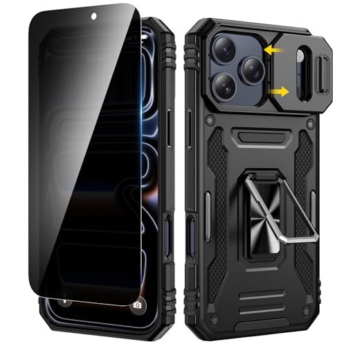 VEGO for iPhone 17 Pro Max Case with Slide Camera Cover & Privacy Tempered Glass Screen Protector & Ring Kickstand Military Grade Heavy Duty Protection Cover for iPhone 17 ProMax - Black