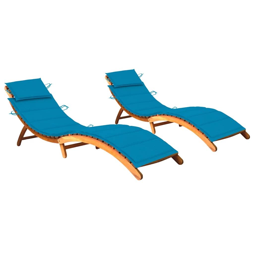 2 lettini prendisole in legno massello di acacia con cuscini blu, pieghevoli e resistenti alle intemperie, 184 x 55 x 64 cm, per giardino, terrazza, balcone, piscina e relax