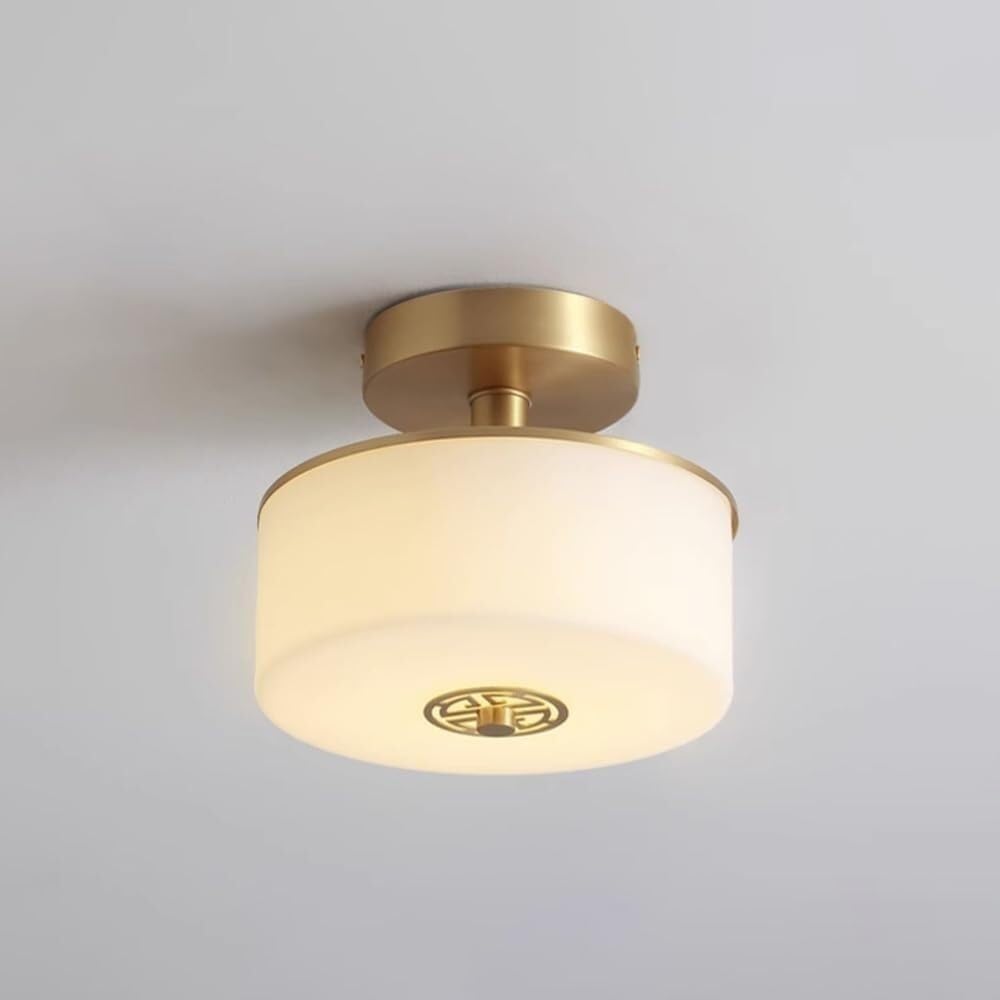 Lámpara de techo de estilo chino, semiempotrada, luz nocturna para el hogar, pantalla de cristal blanco lechoso, lámpara redonda de cobre, luz de techo para pasillo, escalera, iluminación moderna y s