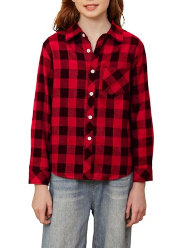 Image of Betusline Girl's and Women's Floral Print Shirt, Kids and Women's Long Sleeve Button Shirts Tops, F Red & Black #2, 8-9 Years