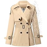 Women's Double Breasted Short Trench Coat with Belt, Khaki, Medium