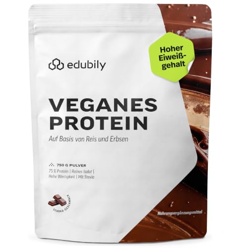 edubily® Veganes Proteinpulver - Mit Reisprotein und Erbsenprotein - Hoher Eiweißgehalt - Ohne Zucker - Mit Stevia - Laborgeprüftes Eiweißpulver (750 g, Schoko)