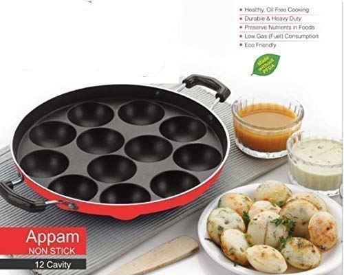 KD ZONE 12 Cavities Non Stick Appam Patra with Lid and Side Handle, Red 2