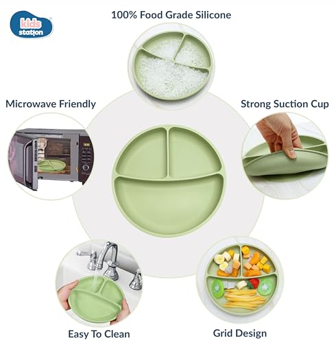 Image of Kids Station 3 Piece BPA-Free Silicone Baby Feeding Set - Baby Plate - Spoon and Bowl - Make Mealtime Fun - Microwave Safe - Unbreakable Eco-Friendly - Organic & Natural (Plate (Set of 3), Green)