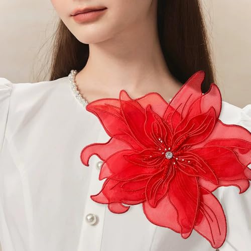 Image of Exaggerated Organza Fabric Flower Brooch Pin for Women Girls Fashion Dainty Layered Big Beaded Corsage Boutonniere Brooches Lapel Pins Delicate Wedding Birthday Holiday Dress Accessories Jewelry Gift