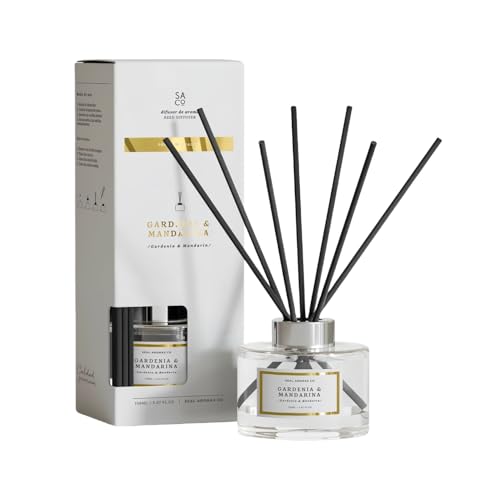 Difusor de Aroma Fresco de Larga Duración, Ambientador Mikado 120 ml, Aromas Naturales para el Hogar, Relajante y Refrescante (Gardenia y Mandarina)