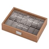 🎁 STILVOLLES GESCHENK: exklusive Aufbewahrungsbox aus Holz für 12 Uhren mit einem gravierbaren, abschließbaren Glasfenster und weichem grauen Velours-Innenfutter mit abnehmbaren Uhrenkissen. Die Box setzt die Schönheit der Armbanduhren perfekt in Szene.