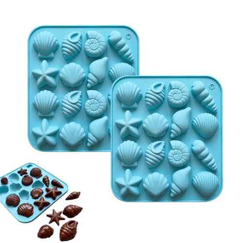 Moldes de silicona para fondant marinos 2 unidades con formas de conchas, caracolas y estrellas, azul, 17.5x15.5 cm para chocolate, repostería y manualidades