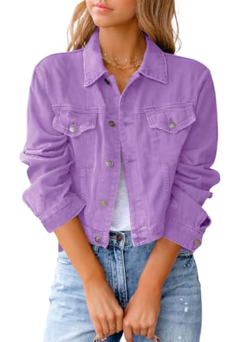 shownicer Veste en Jean Femme Couleur Unie Blouson en Jean Denim Jacket Vintage Jeans Jacket Denim Veste Manches Longues Veste en Jean A Violet M