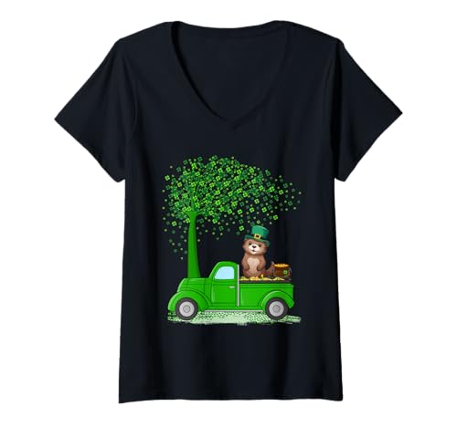 Womens Irish Green Truck On Otter St Patrick's Day Tree V-Neck T-Shirt